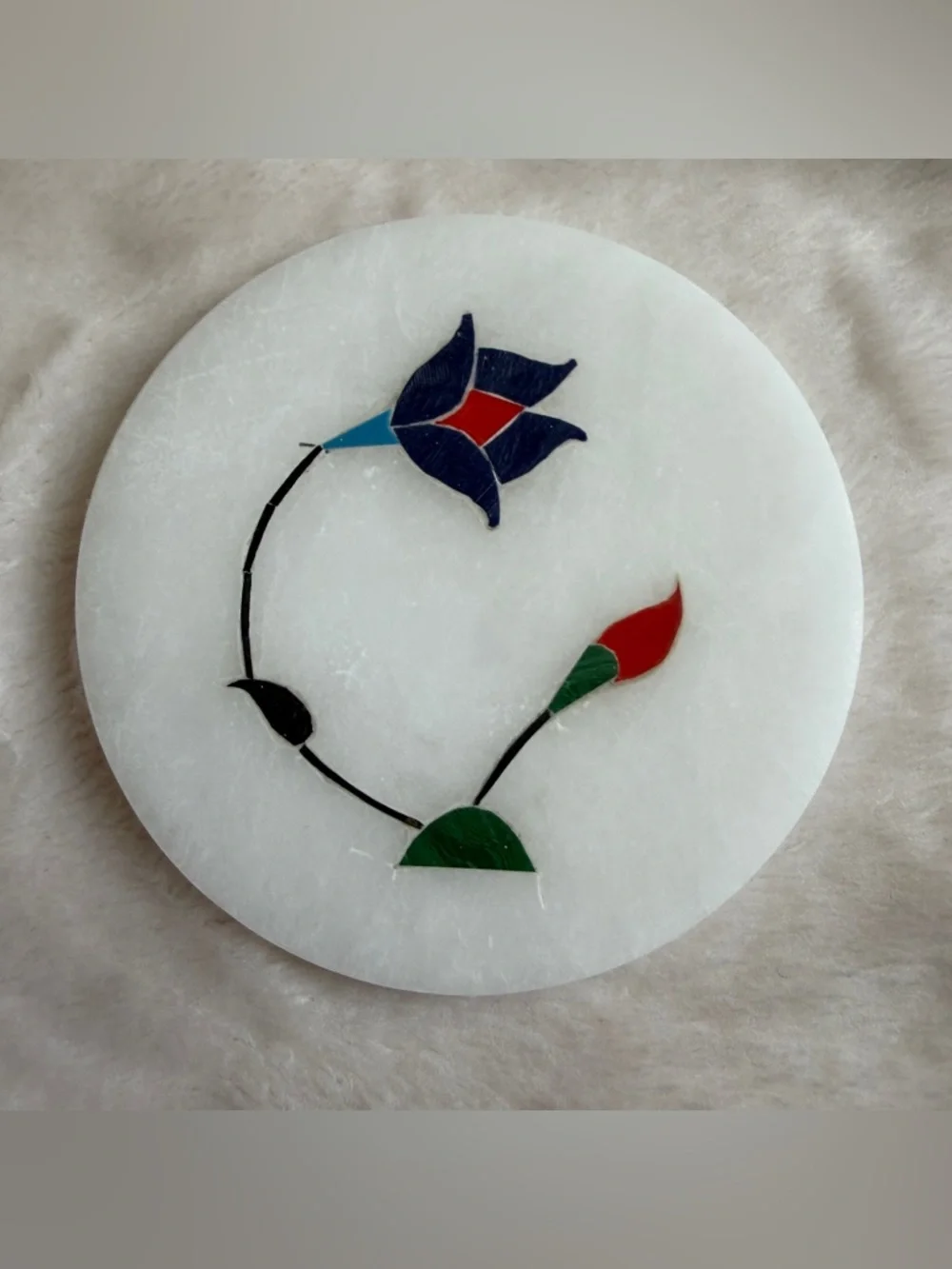 Set of 6 Vintage Marble Coasters with Holder Stone Inlay Flower Boho Pietra Dura